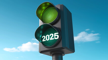 Aufkleber - Green traffic light showing 2025 year on blue sky background