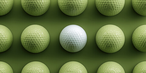 Poster - Green and white golf balls on olive green background, showcasing a single white ball among green ones, symbolizing uniqueness or standing out from the crowd, perfect for sports or business concepts
