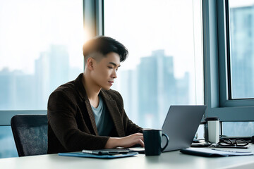 Aufkleber - Young asian businessman working on laptop in modern office with city view