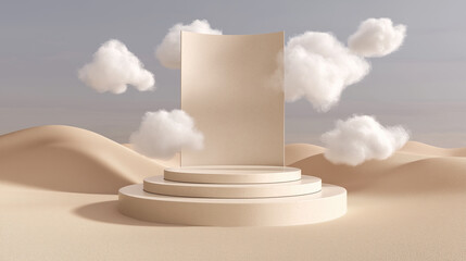 Poster - Beige podium displaying blank canvas backdrop with fluffy clouds and sand dunes for product placement