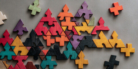 Poster - Colorful wooden puzzle pieces arranged in abstract pattern on gray background, showcasing problem-solving, creativity, and teamwork concepts