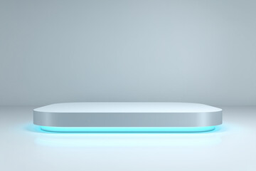 Poster - White empty rounded podium with blue neon lights illuminating futuristic stage