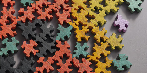 Poster - Colorful wooden puzzle pieces scattered on gray background, showcasing incomplete puzzle, symbolizing teamwork, problem-solving, or strategic thinking