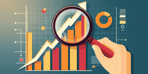 Poster - Hand holding magnifying glass showing growth chart, business analysis concept