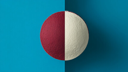Aufkleber - Half red, half white textured circle against teal background.  Clean, minimalist design suitable for branding or presentation