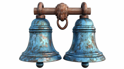 Wall Mural - Agogo bells, dual metal bells with wooden striker, 3d watercolor illustration, clipart style, png transparent background. Echoed Metal. Illustration