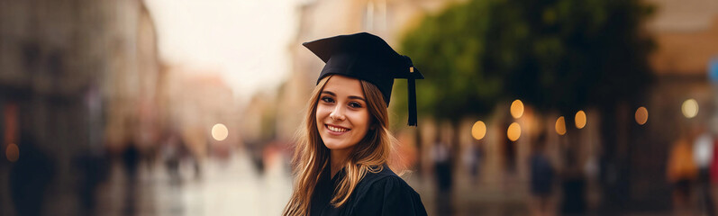 Poster - Happy graduate smiling and wearing graduation gown and cap outdoors