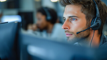 Poster - Focused male call center operator working on computer in office