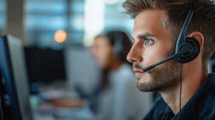 Fototapete - Focused male call center operator working on computer with headset in busy office