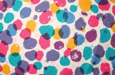Poster - Colorful fabric pattern with spots. Spots various sizes and colours like blue pink purple yellow cyan, overlap. White background. Texture for modern youth clothing, textiles, design.