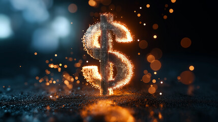 Poster - Glowing digital dollar sign rising from dark surface with bokeh effect