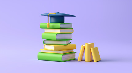 Poster - Graduation cap standing on a stack of colorful books celebrating successful education