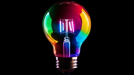 Poster - A light bulb with a colorful glow on a black background showing the filament inside the bulb well lit