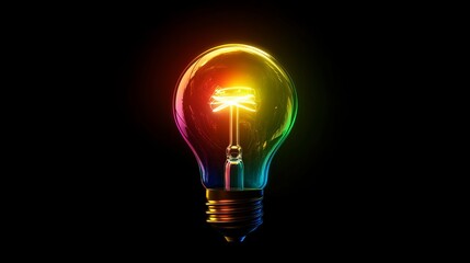 Poster - A vibrant light bulb glowing with rainbow colors against a stark black background in a close up view