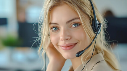 Poster - Friendly female call center operator wearing headset smiling in office