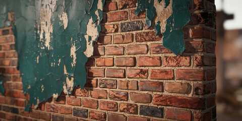 Poster - Close-up of brick wall texture with peeling teal paint, showing aged brick and mortar detail.  Illustrates urban decay, grunge, or vintage aesthetics.  Ideal for design projects.