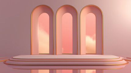 Poster - Pink and gold podium displaying sunset clouds through archways in abstract room