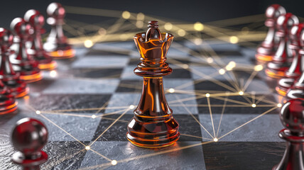 Poster - Amber glass chess queen on dark board, surrounded by other pieces and glowing network lines, symbolizing leadership, strategy, and connection in business
