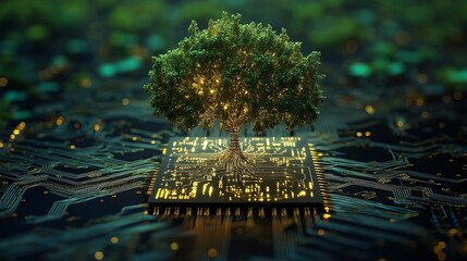 Poster - A digital tree growing from a computer chip with glowing lights on a circuit board background