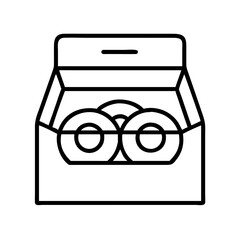 Poster - Donut box delivery takeout bakery pastry shop sweet dessert food packaging line art vector icon