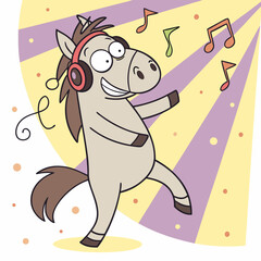 Wall Mural - Funny cartoon horse dancing with headphones and funky disco lights