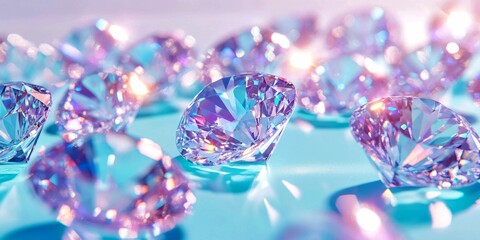 Poster - Glittering jewels sparkle under soft light. This captivating image features beautiful diamonds that create a sense of luxury. Perfect for presentations, advertising, or artwork. AI