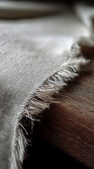 Poster - Close-up of light gray fabric texture with frayed edge, showing detail of woven fibers and loose threads, suggesting natural, rustic aesthetic