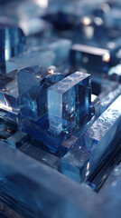 Poster - Close-up of blue glass cubes, creating a textured, translucent structure.  Showcase of geometric shapes and light refraction, suggesting modern design or technology