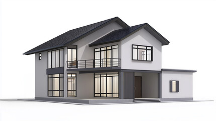 Poster - Modern house with balcony and dark gray roof standing on white background