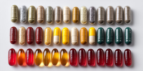 Poster - Colorful pills and capsules forming a pattern on white background