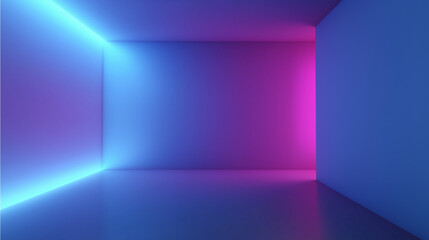 Poster - Empty room with blue and purple neon lights illuminating walls and floor