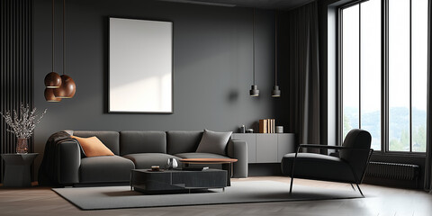 Aufkleber - Dark modern living room interior with empty frame, sofa and armchair showing cozy design