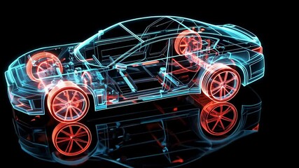 Poster - Holographic projection of a modern car chassis rotating slowly, showcasing its internal components, engine, transmission, and suspension system against a dark, reflective surface
