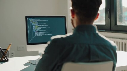 Aufkleber - Software developer deeply focusing on programming code displayed across computer screen, working intently within bright, modern professional office environment