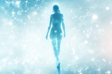 Leinwandbilder - A digital silhouette walks through a network of glowing particles in a futuristic environment