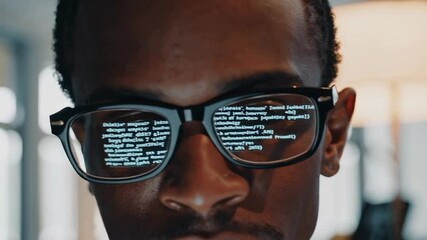 Aufkleber - Programmer wearing glasses with code reflection working intently at sleek workstation in contemporary, well lit professional workspace representing digital innovation and technological expertise