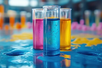 Poster - Colorful liquids in test tubes on a laboratory table during an experimental setup