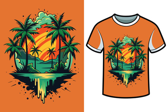 A T-shirt with a bold graphic of a tropical island featuring towering palm trees 