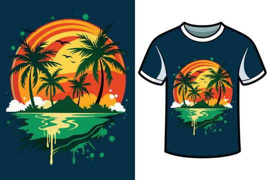 A T-shirt with a bold graphic of a tropical island featuring towering palm trees 