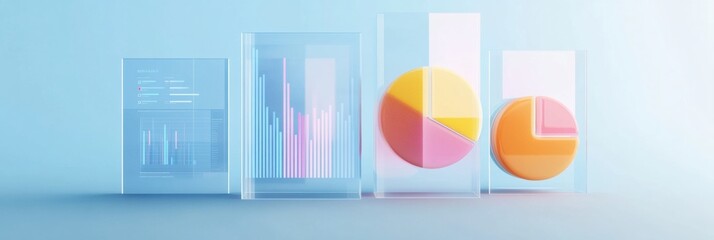 Leinwandbilder - Business data visualization with transparent charts over light blue background showcasing key metrics and analysis trends for effective decision making