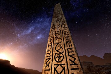 Poster - Mysterious ancient monolith with universal symbols glowing in the vastness of space