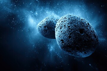Poster - Floating stones connected by astral energy in the vastness of space with surrounding galaxies