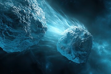 Poster - Floating stones connected by astral energy in the depths of space surrounded by ethereal dust
