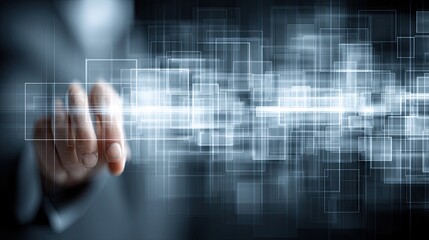 Poster - Businessman engages with futuristic technology using virtual buttons in a digital landscape