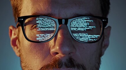 Aufkleber - Programmer wearing eyeglasses reflecting illuminated lines of code while working intently during late night software development session, representing deep focus and technological expertise