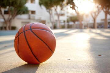 Poster - Close up of a basketball perched on an outdoor court bathed in sunrise light with intriguing shadows