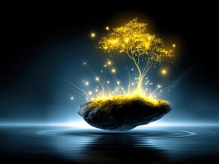 Poster - Glowing cosmic tree thrives atop asteroid, illuminating the universe with starry branches