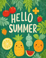 Aufkleber - Bright summer card with fruits, greenery, and text celebrating the season