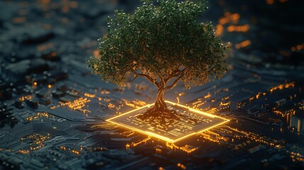 Poster - A tree growing from a glowing circuit board on a dark background with circuit patterns all around