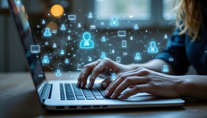 Wall Mural - woman's hands typing on laptop with digital network graphics display